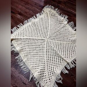 Handmade Baby Afghan Knit Crochet 32x 32 yellow with Fringe Blanket Throw
